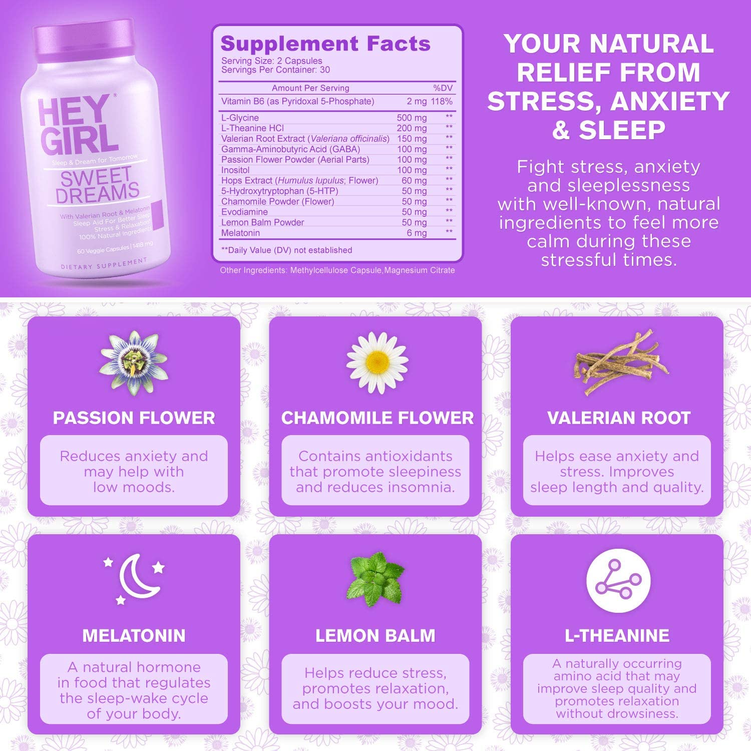 Hey Girl Sweet Dreams Sleep Aid Sleeping Pills with Natural Melatonin L Theanine Valerian Root Chamomile Lemon Balm
