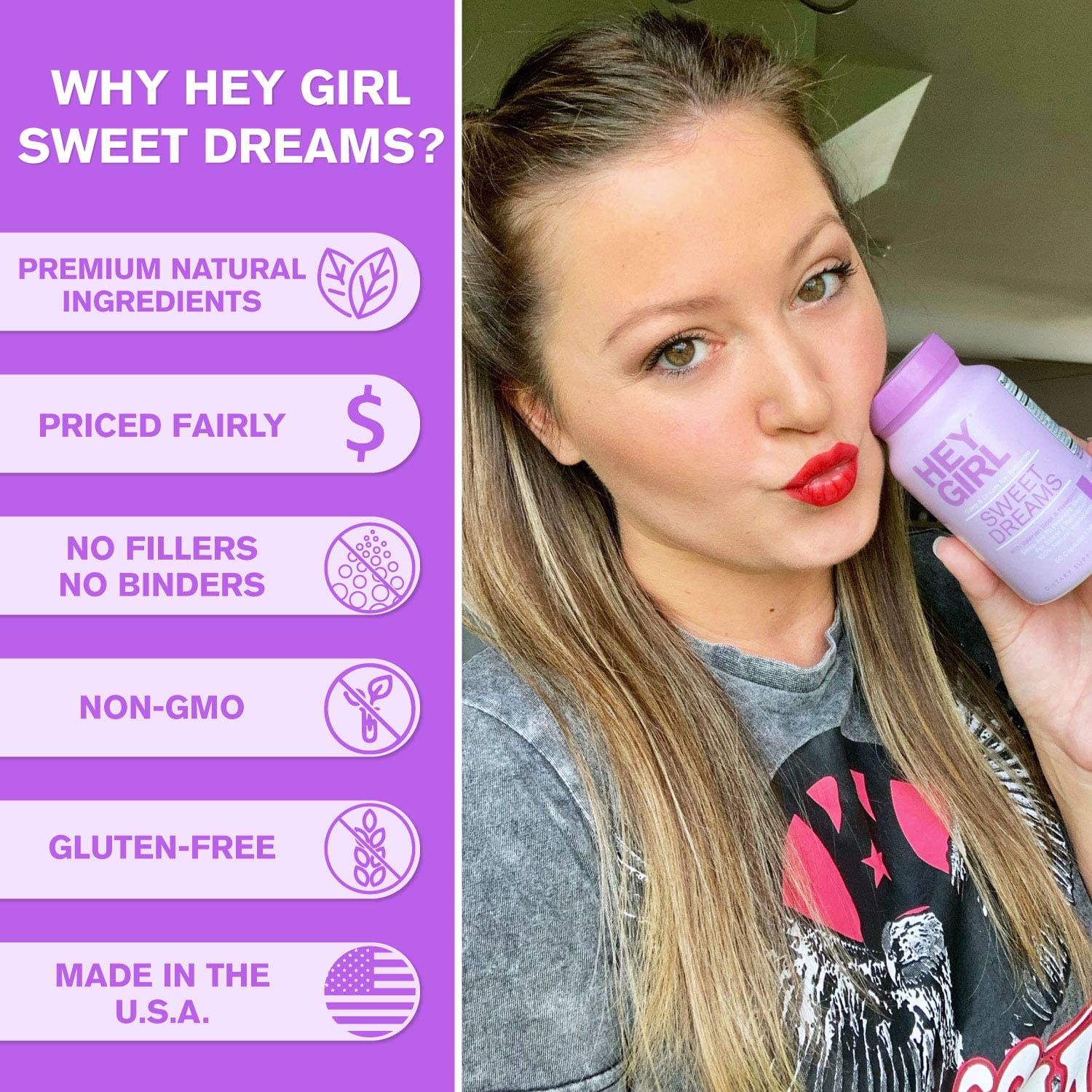 Hey Girl Sweet Dreams Sleep Aid Sleeping Pills with Natural Melatonin L Theanine Valerian Root Chamomile Lemon Balm