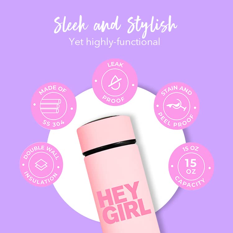 Hey Girl Tea Infuser Bottle Insulated Tea Bottle Loose Leaf Tea Thermos Tea Tumbler Tea Diffuser Portable Travel Tea Mug Infused Water Tea Gifts for Women Light Pink