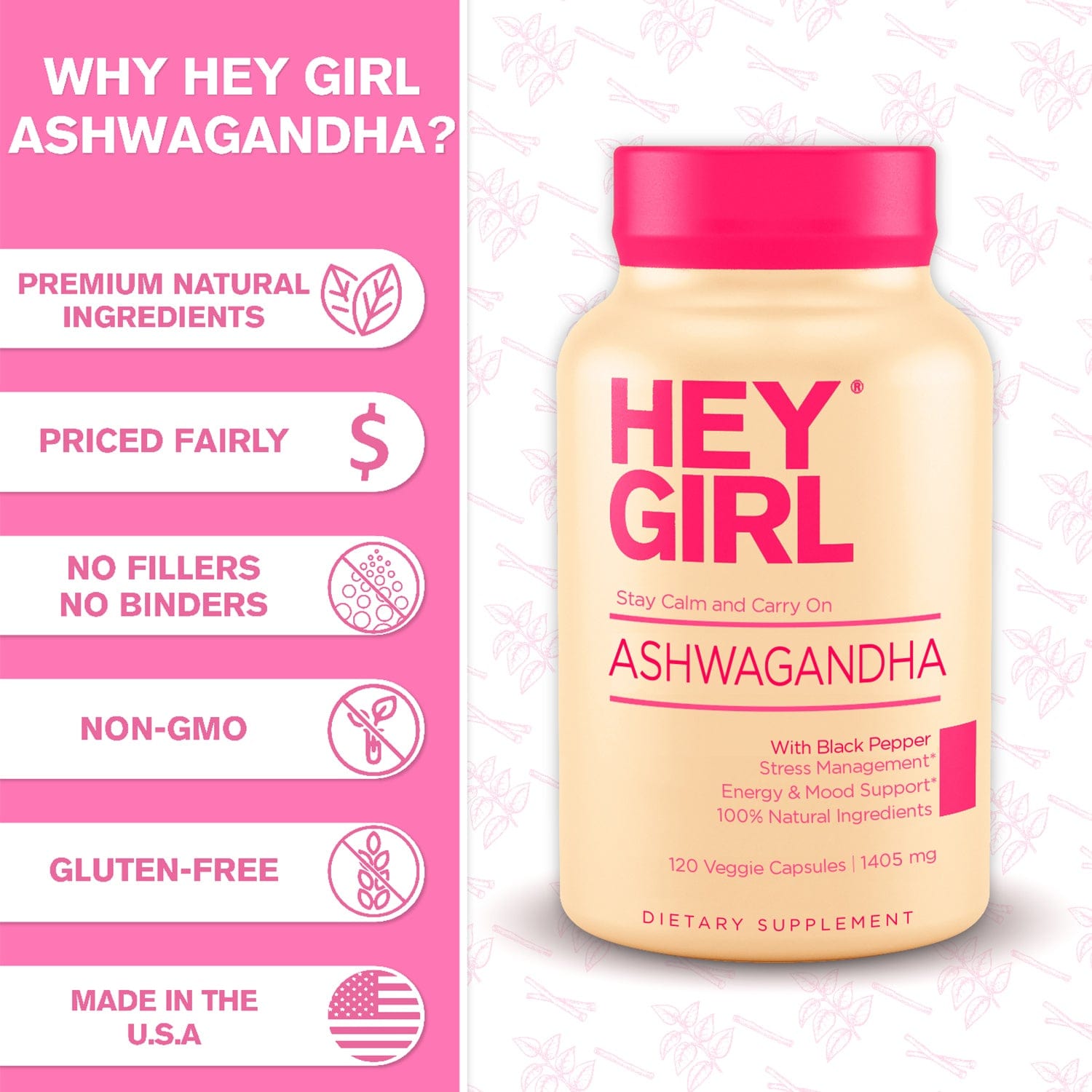 Hey Girl Ashwagandha 1405mg Root Powder Organic Black Pepper 120 Pills Pure Ashwagandha Powder Root Extract Capsules Mood Enhancer Stress Relief Thyroid Support
