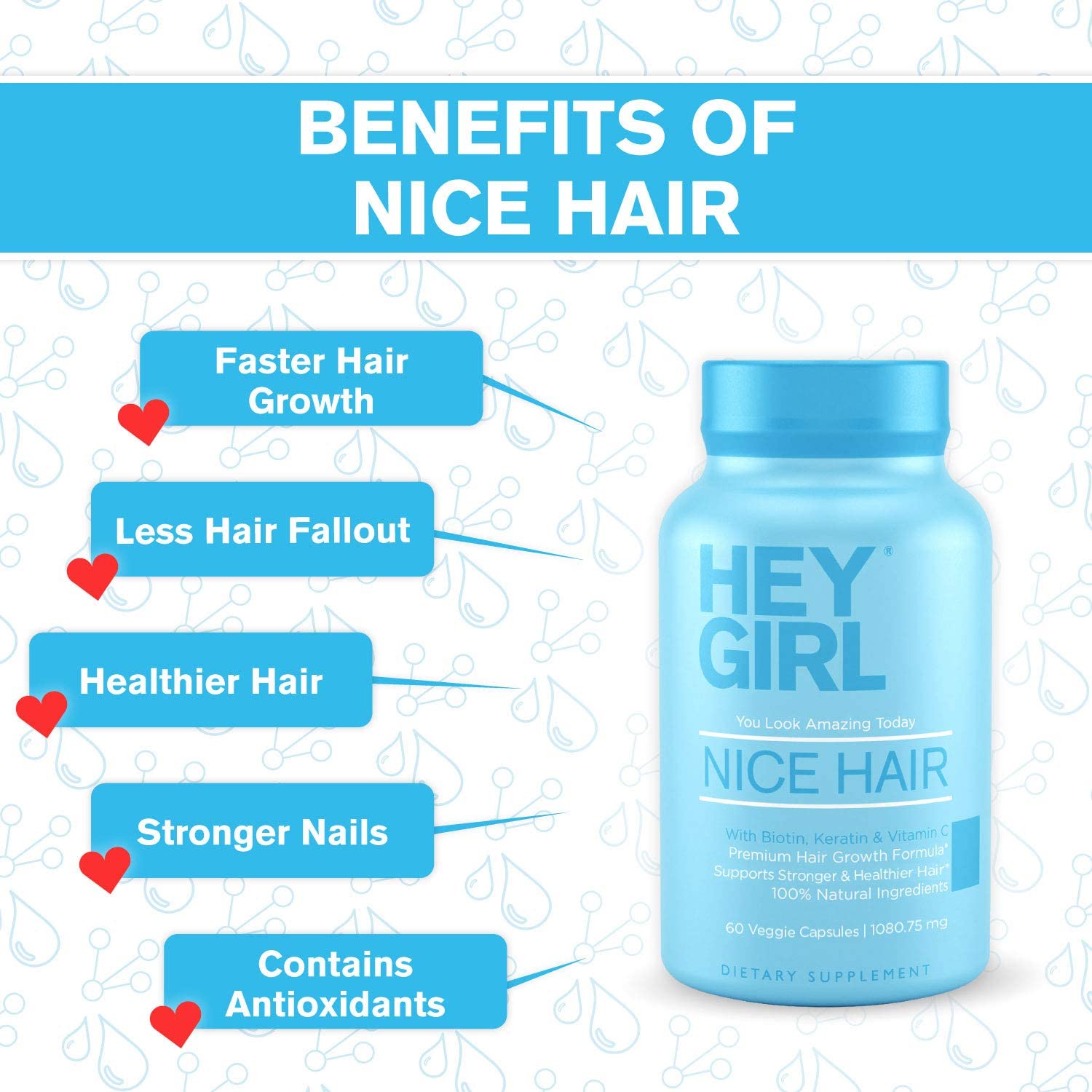 Hey Girl Hair Vitamins Help Thinning Fallout Hair Supplement Grow Hair Faster Stronger Healthy Skin Nails Biotin Keratin Folic Acid Vitamin B C