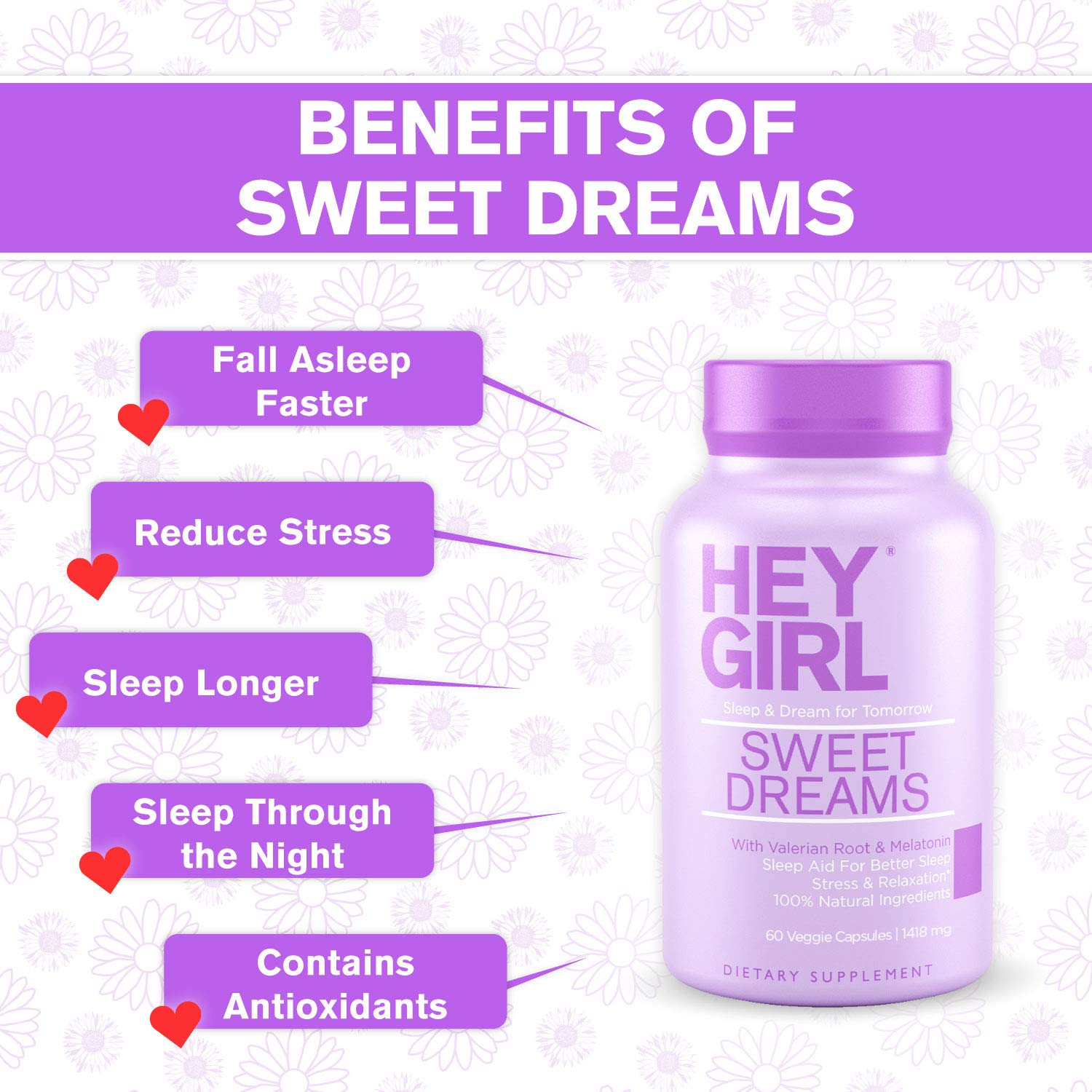 Hey Girl Sweet Dreams Sleep Aid Sleeping Pills with Natural Melatonin L Theanine Valerian Root Chamomile Lemon Balm