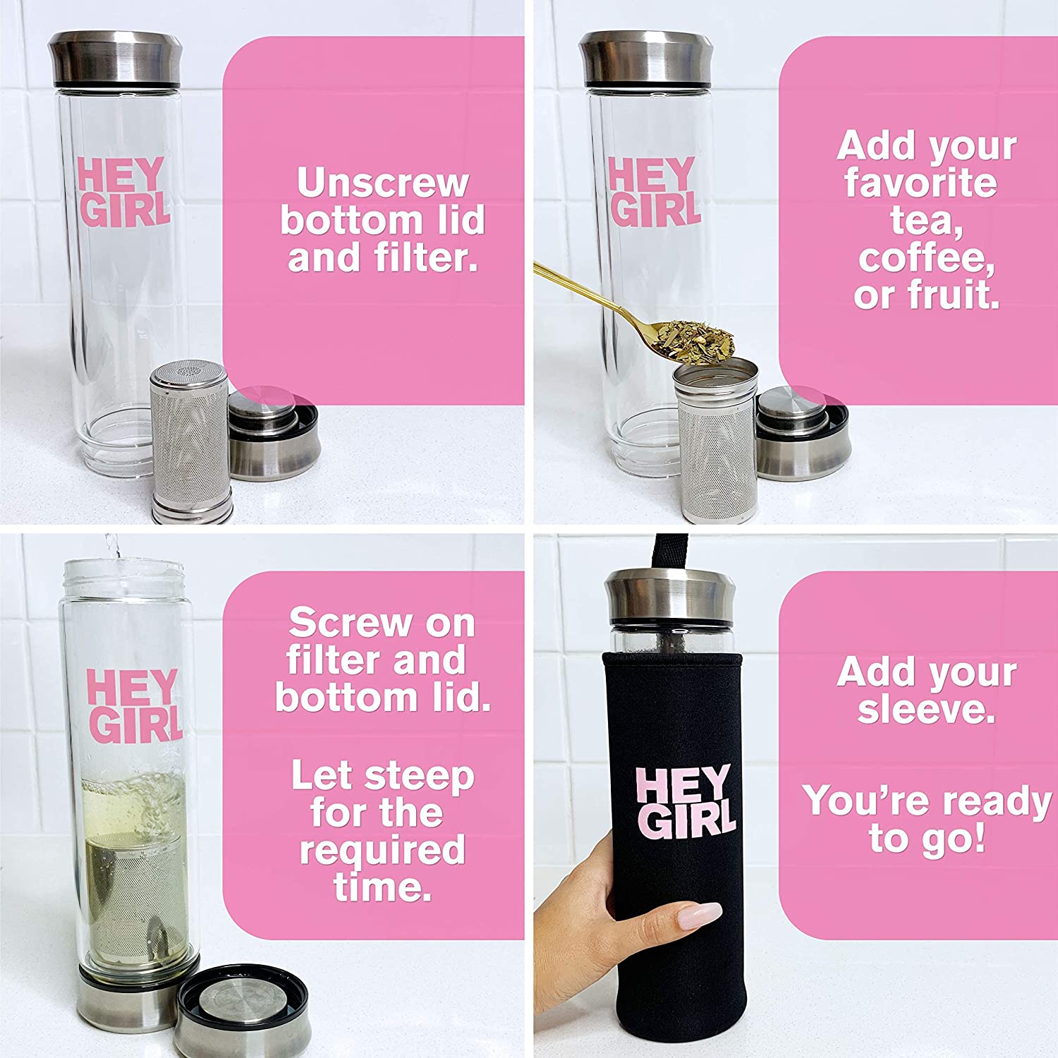hey girl Infuser Bottle No Crystal Insulated Tumbler Tea Bags