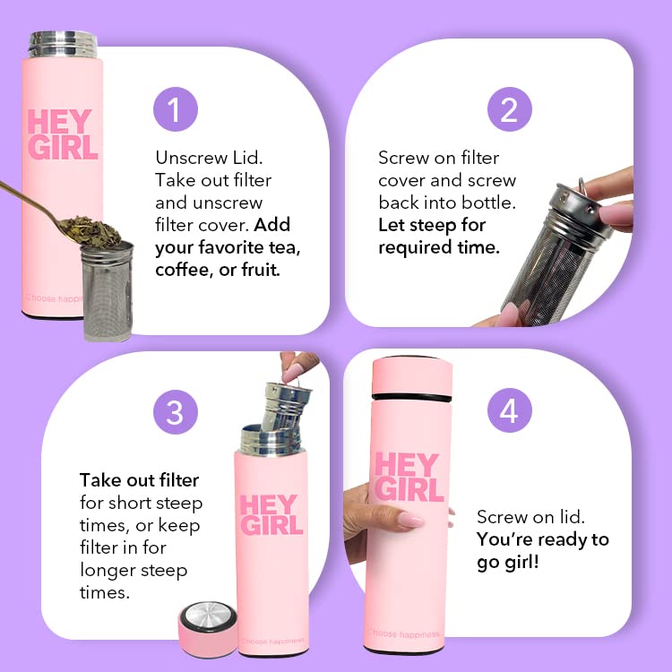 Hey Girl Tea Infuser Bottle Insulated Tea Bottle Loose Leaf Tea Thermos Tea Tumbler Tea Diffuser Portable Travel Tea Mug Infused Water Tea Gifts for Women Light Pink