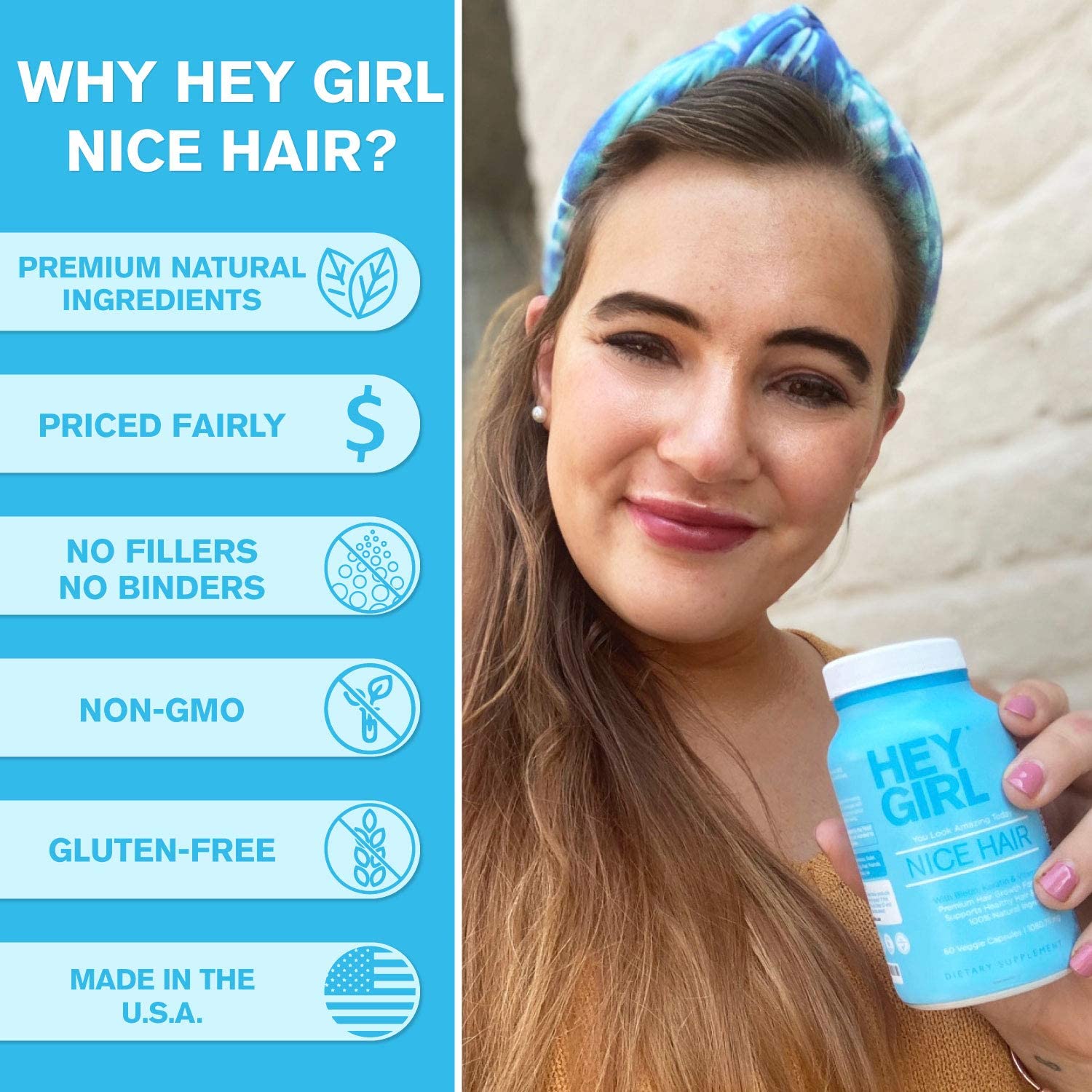 Hey Girl Hair Vitamins Help Thinning Fallout Hair Supplement Grow Hair Faster Stronger Healthy Skin Nails Biotin Keratin Folic Acid Vitamin B C