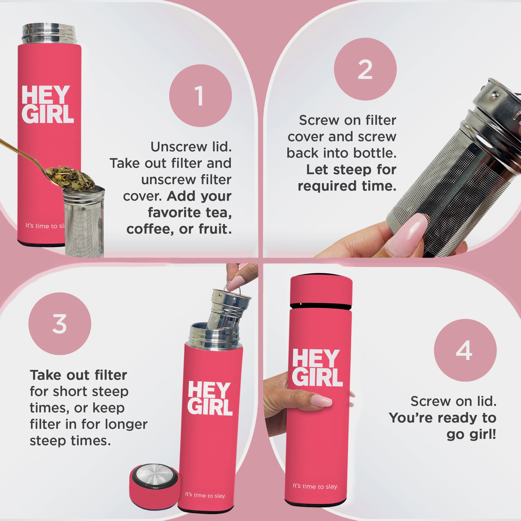 Tea Infuser Bottle - Travel Tea Tumbler Herbal Loose Leaf Tea, 15oz 450ml - Hot Pink
