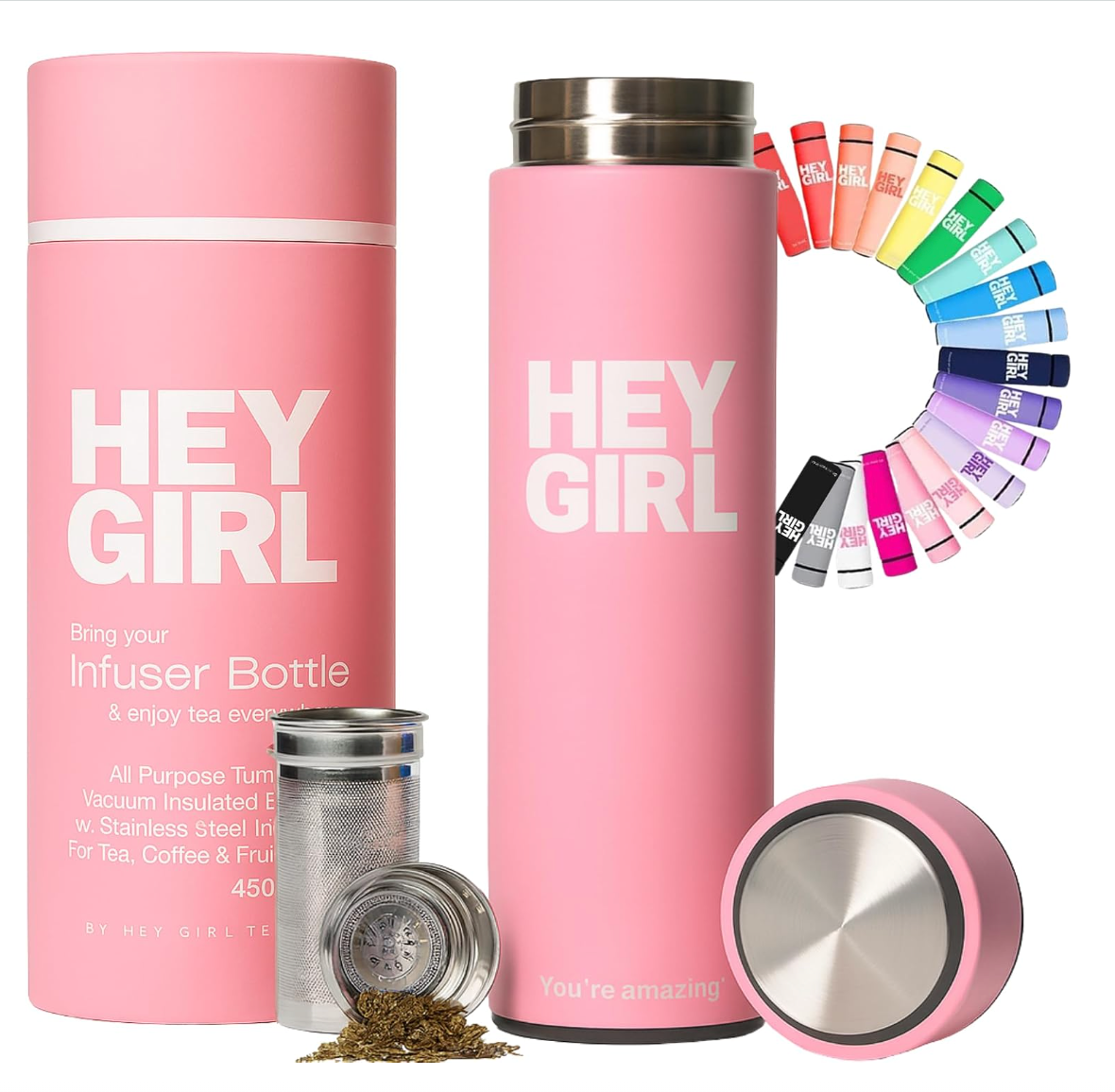 Hey Girl Tea Infuser Bottle | Insulated Loose Leaf Tea Tumbler, 450ml