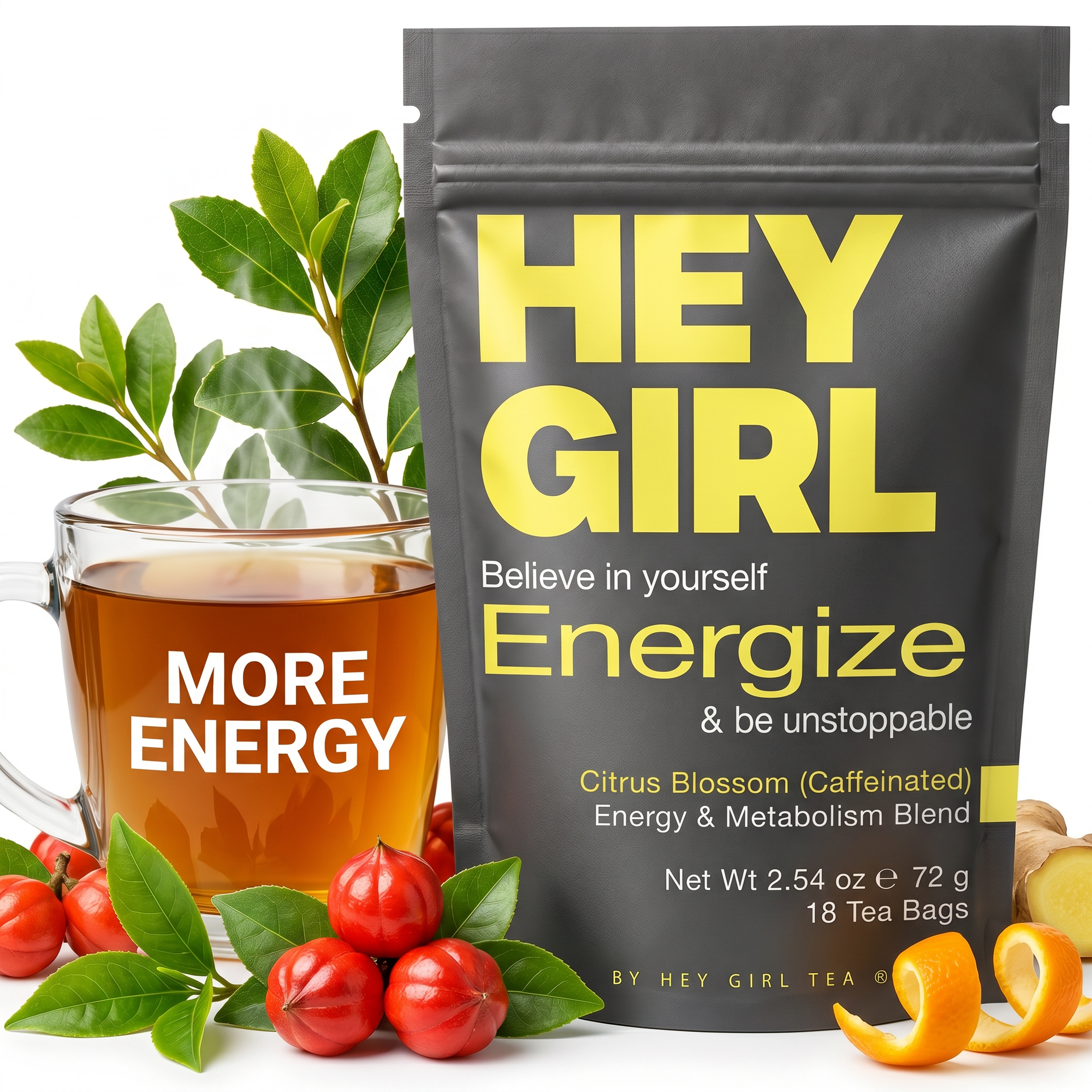 Hey Girl Energize Tea - Natural Energy & Focus, Coffee Alternative (18 Tea Bags)