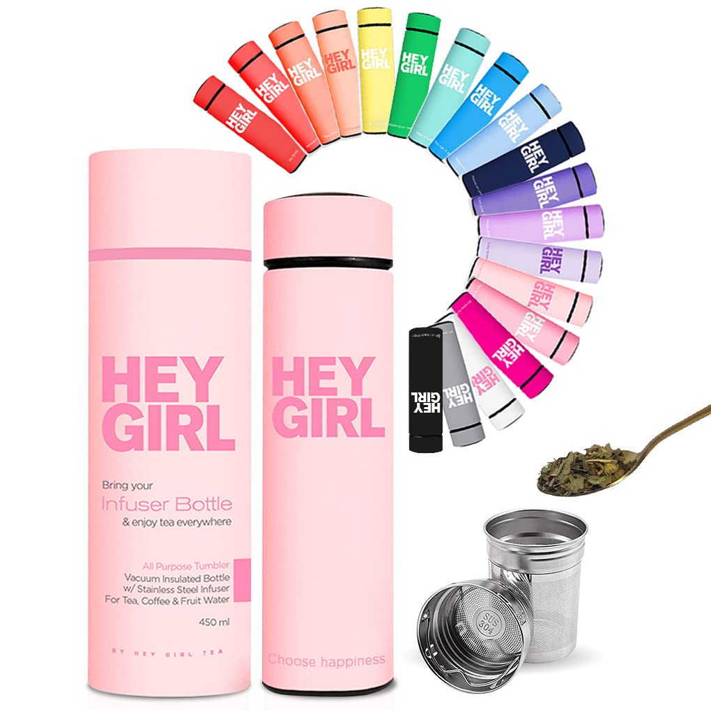 Hey Girl Tea Infuser Bottle Insulated Tea Bottle Loose Leaf Tea Thermos Tea Tumbler Tea Diffuser Portable Travel Tea Mug Infused Water Tea Gifts for Women Light Pink