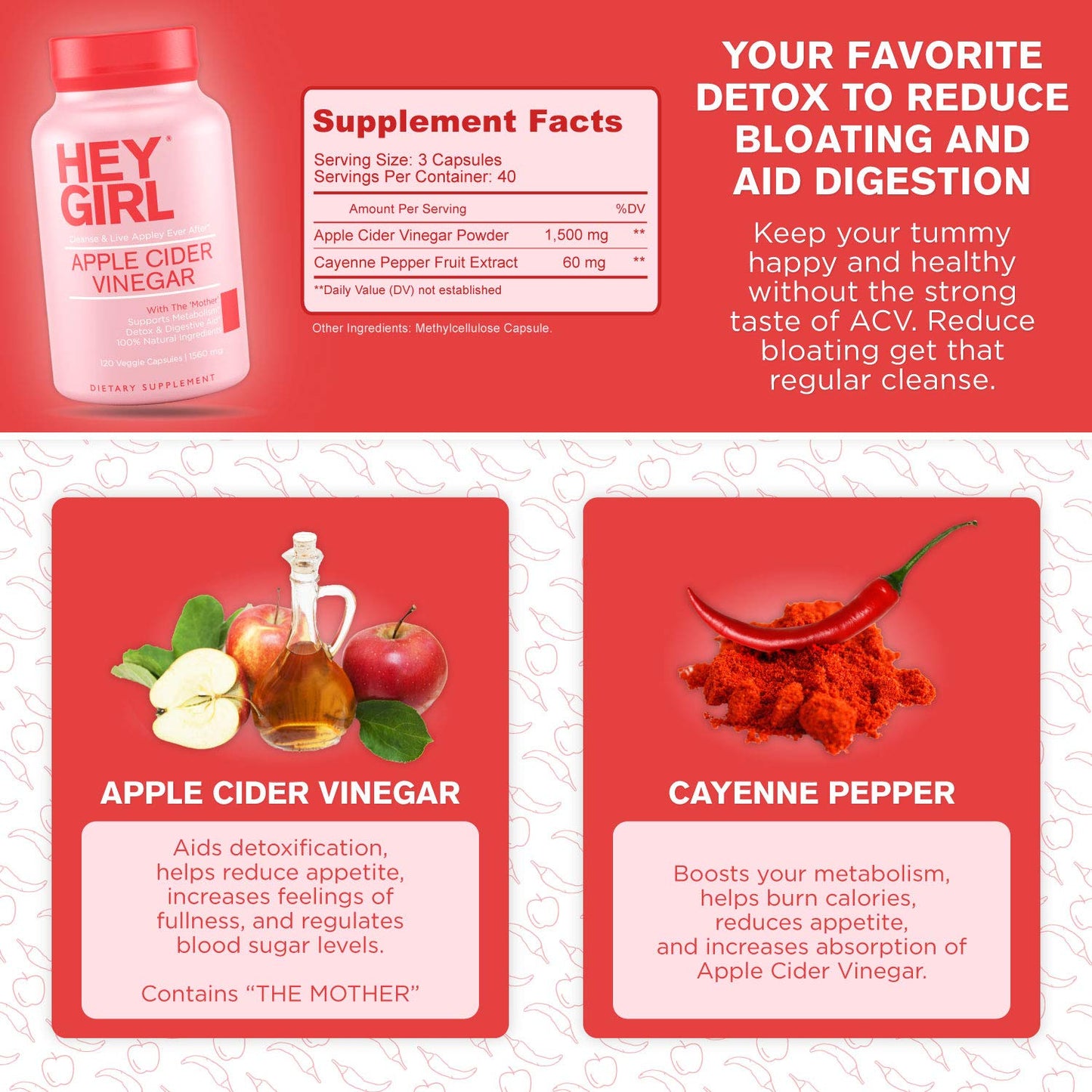 Apple Cider Vinegar Capsules with The Mother , 1560mg Apple Cider Vinegar Pills with Cayenne Pepper , 120 Vegan Acv Capsules for Detox Cleanse and Bloating