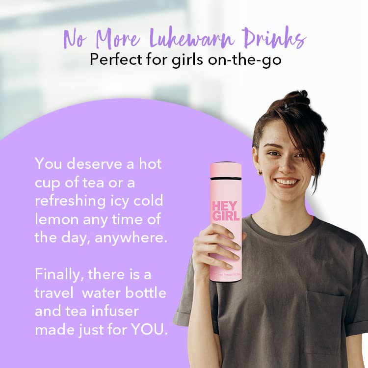 Hey Girl Tea Infuser Bottle Insulated Tea Bottle Loose Leaf Tea Thermos Tea Tumbler Tea Diffuser Portable Travel Tea Mug Infused Water Tea Gifts for Women Light Pink