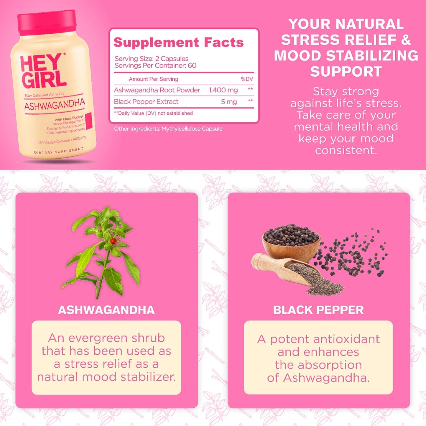 Hey Girl Ashwagandha 1405mg Root Powder Organic Black Pepper 120 Pills Pure Ashwagandha Powder Root Extract Capsules Mood Enhancer Stress Relief Thyroid Support