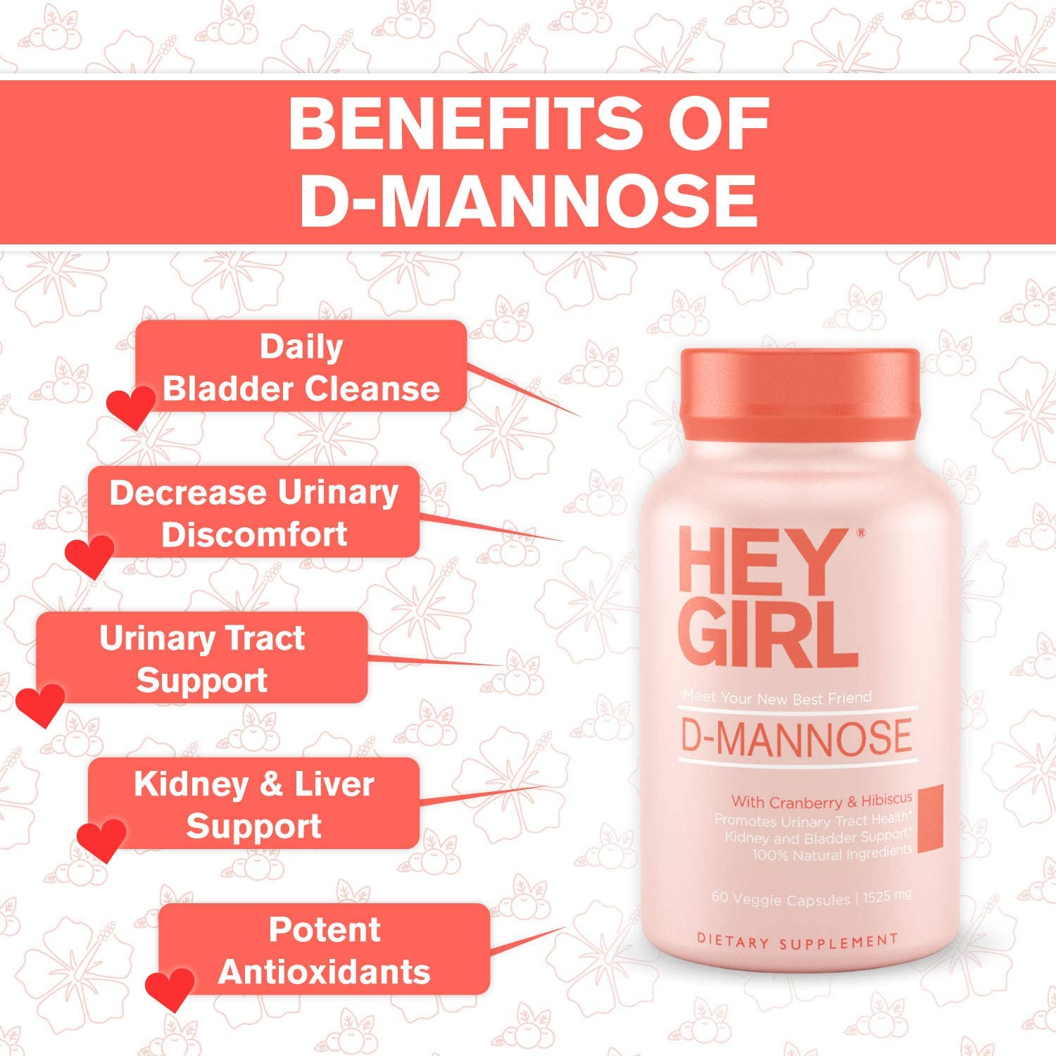  D Mannose Capsules Fast-Acting UTI Supplement Cleanse Flush Impurities Natural D-Mannose Powder Cranberry Hibiscus Dandelion Alternative Cranberry Women